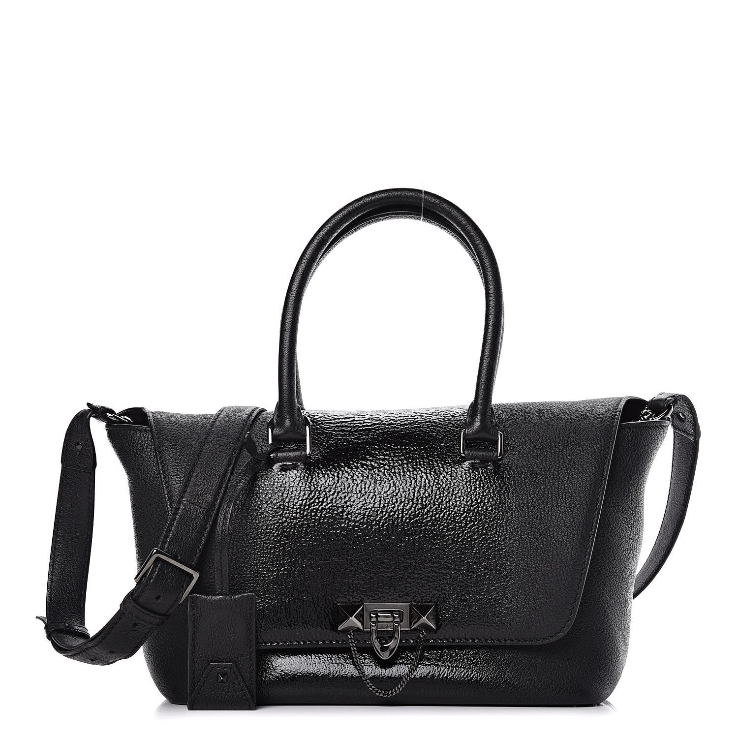 Valentino Garavani Patent Pebbled Calfskin Small Demilune Double Handle Satchel Black 1 of 11