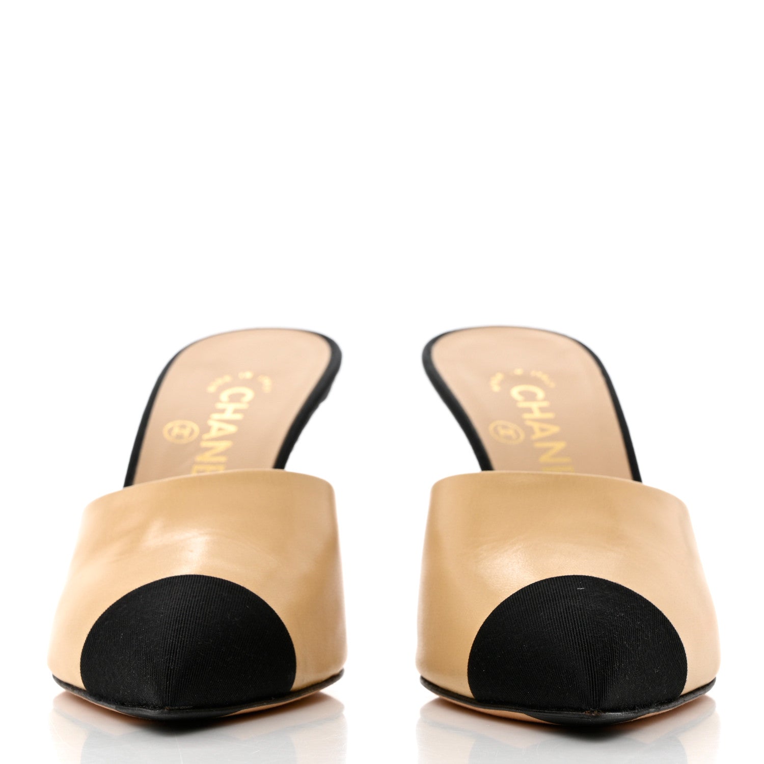Chanel Goatskin Grosgrain Cap Toe Pearl Mule 36 Beige Black 2 of 13