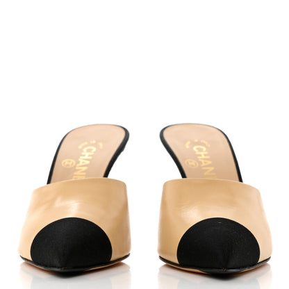 Chanel Goatskin Grosgrain Cap Toe Pearl Mule 36 Beige Black 2 of 13