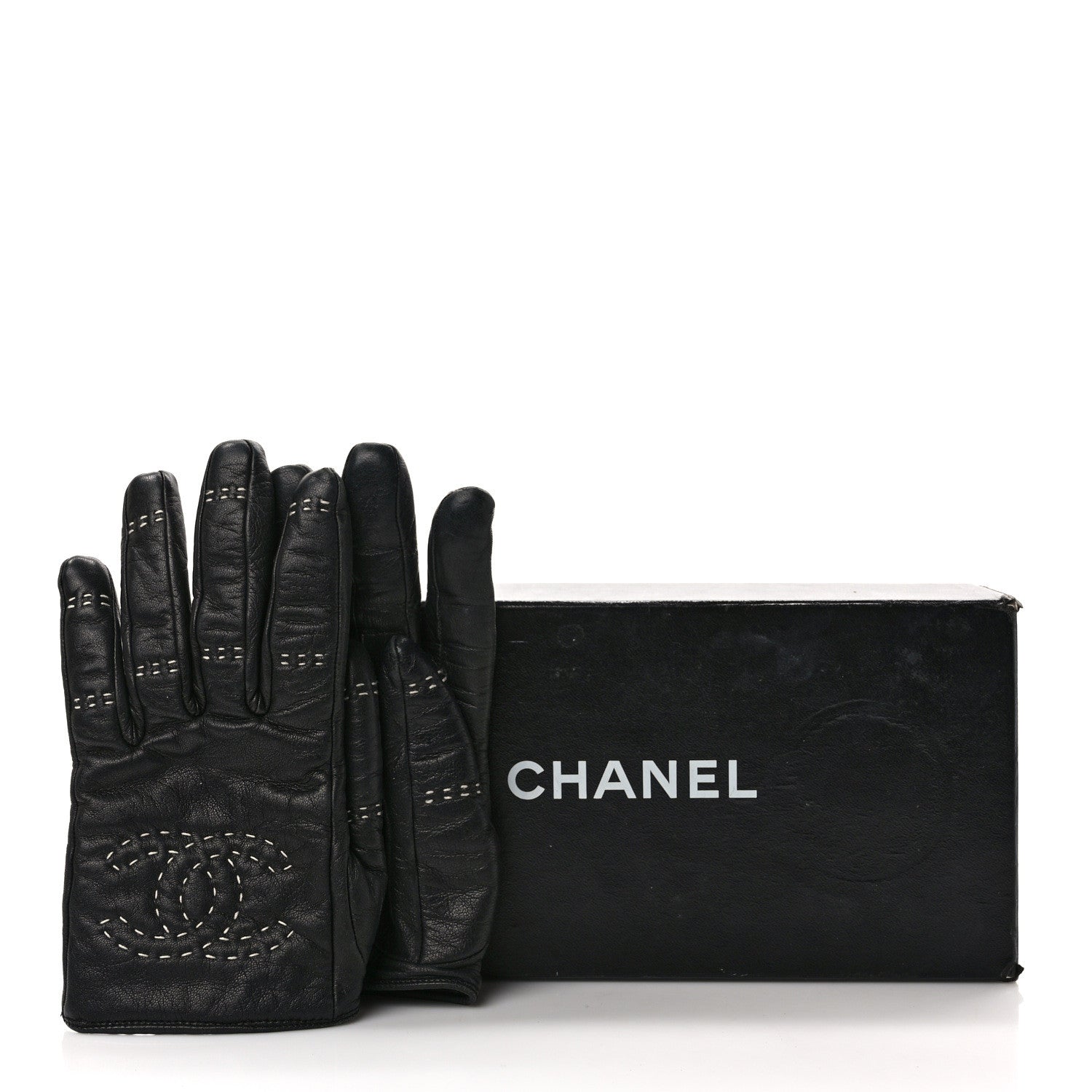 Chanel Lambskin Quilted Stitch CC Gloves 6.5 Black 6 of 6