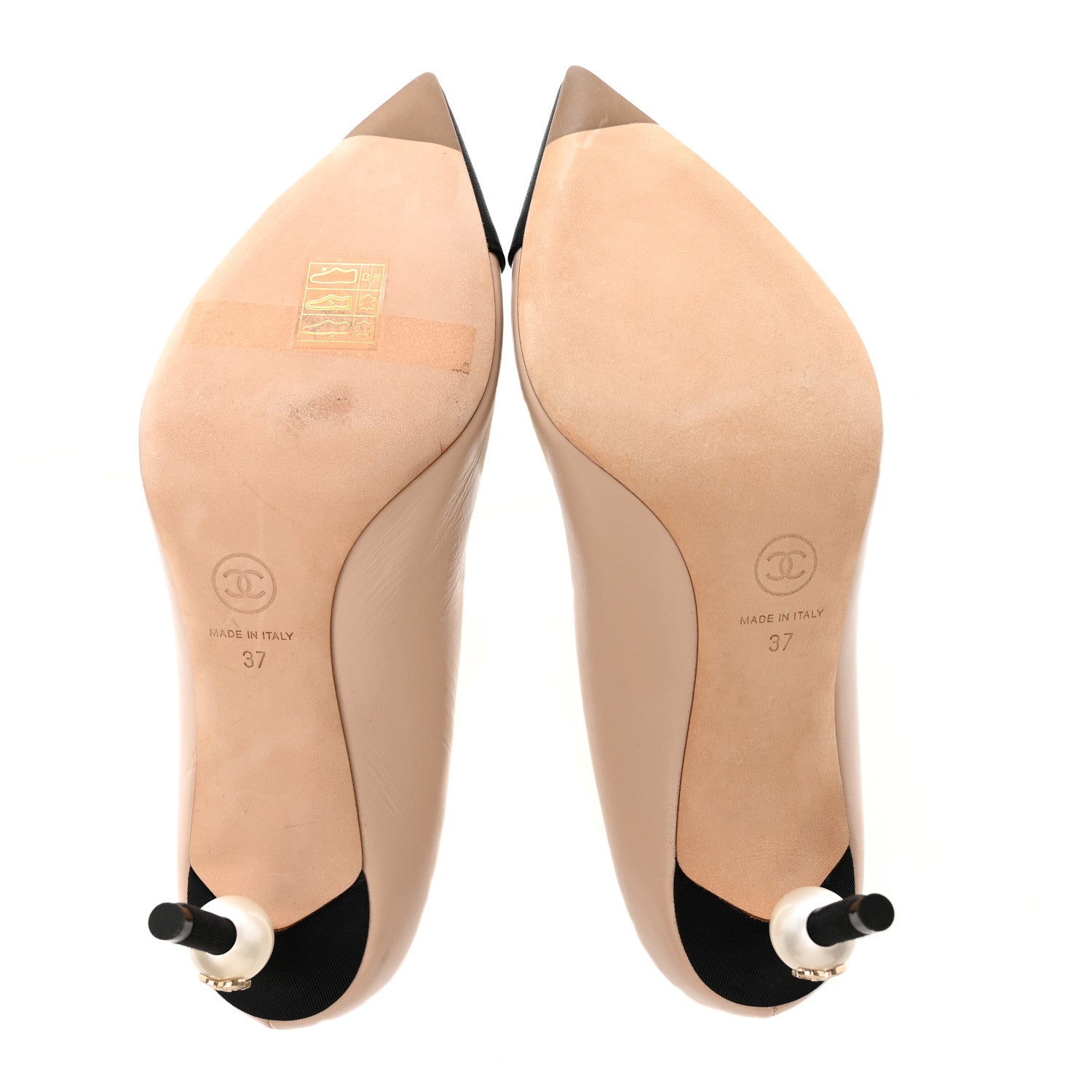 Chanel Shiny Calfskin Grosgrain Cap Toe CC Pearl Pumps 37 Beige Black 6 of 15
