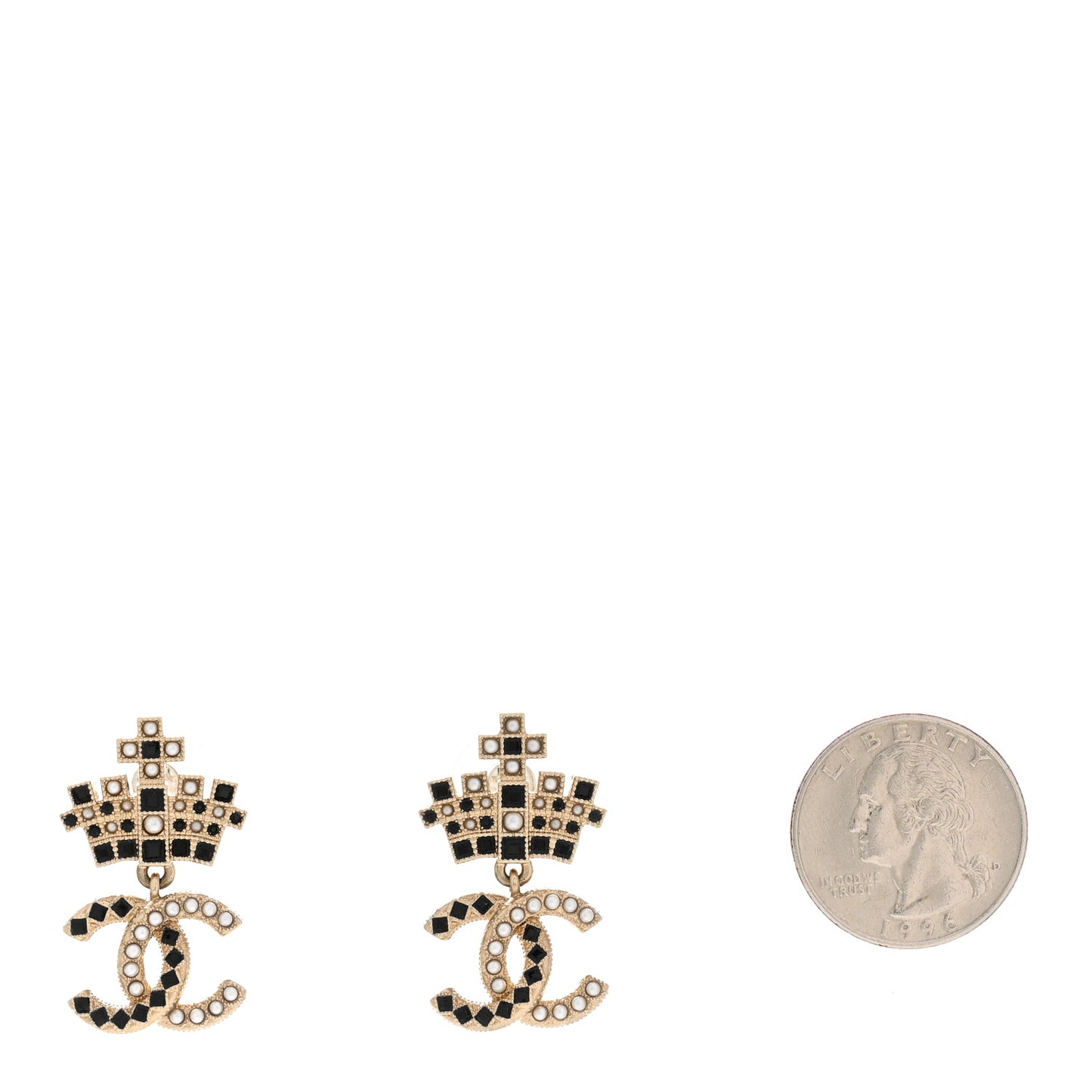 Resin Crystal Pearl CC Crown Drop Earrings Gold Black