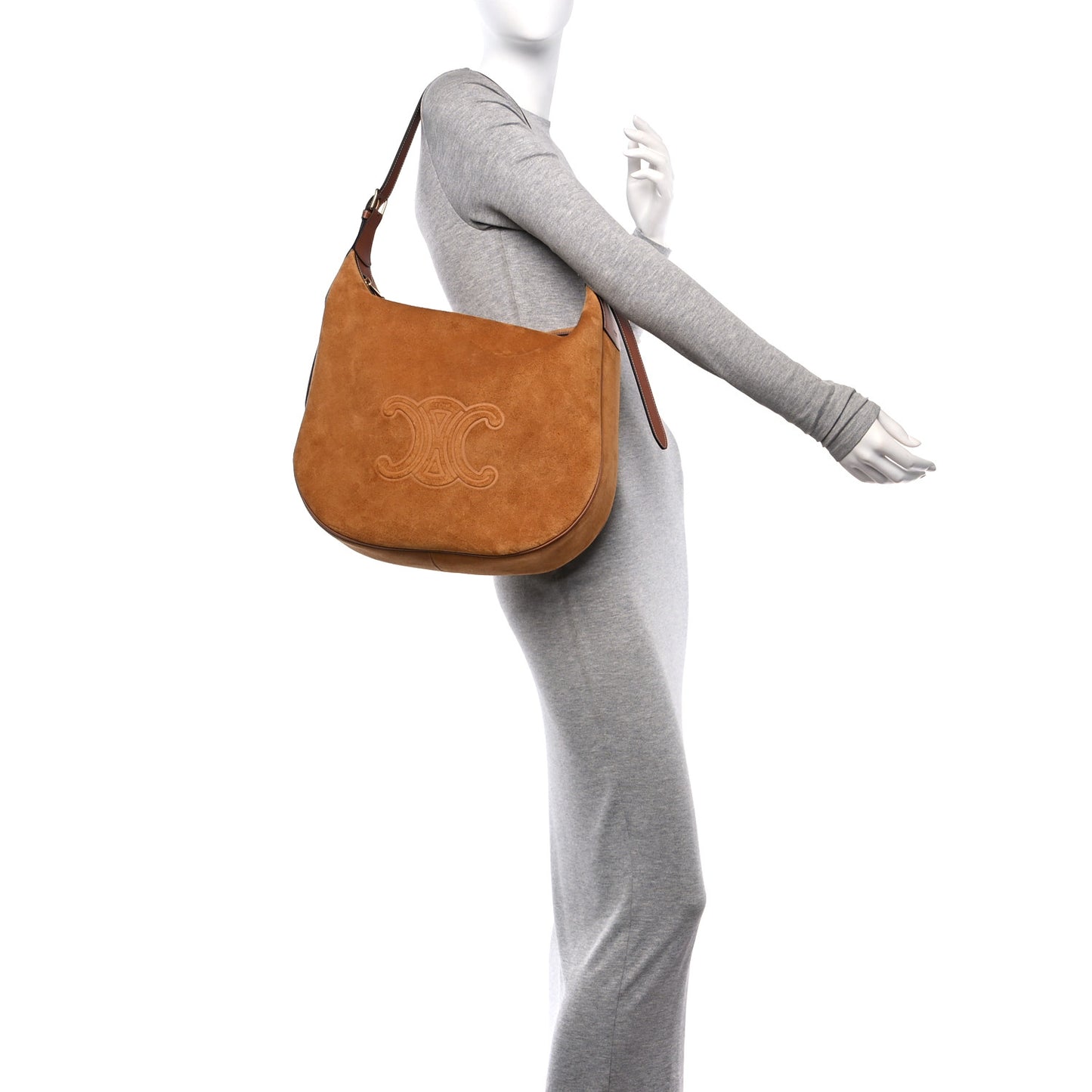 Suede Calfskin Large Triomphe Heloise Shoulder Bag Tobacco