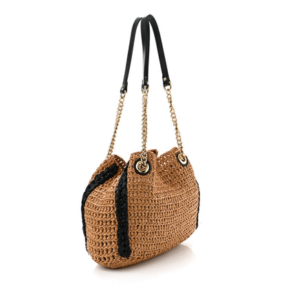 Gucci Raffia Effect Medium GG Marmont Shoulder Tote Bag Natural Black 3 of 10