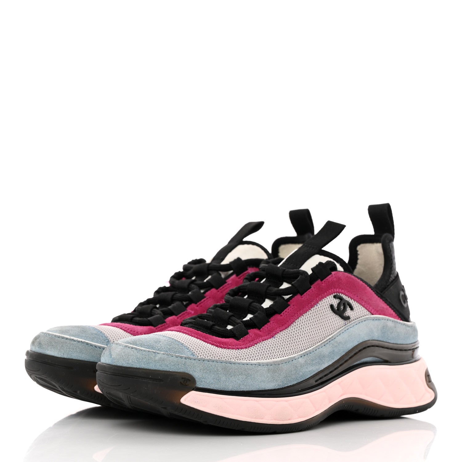 Chanel Fabric Suede CC Sneakers 37 Blue Beige Pink 3 of 21