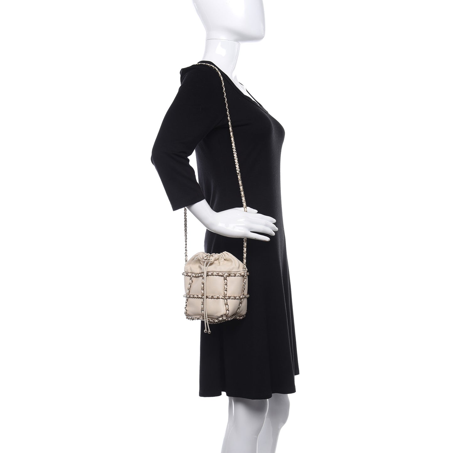 Lambskin Bucket Chain Drawstring Bag Beige