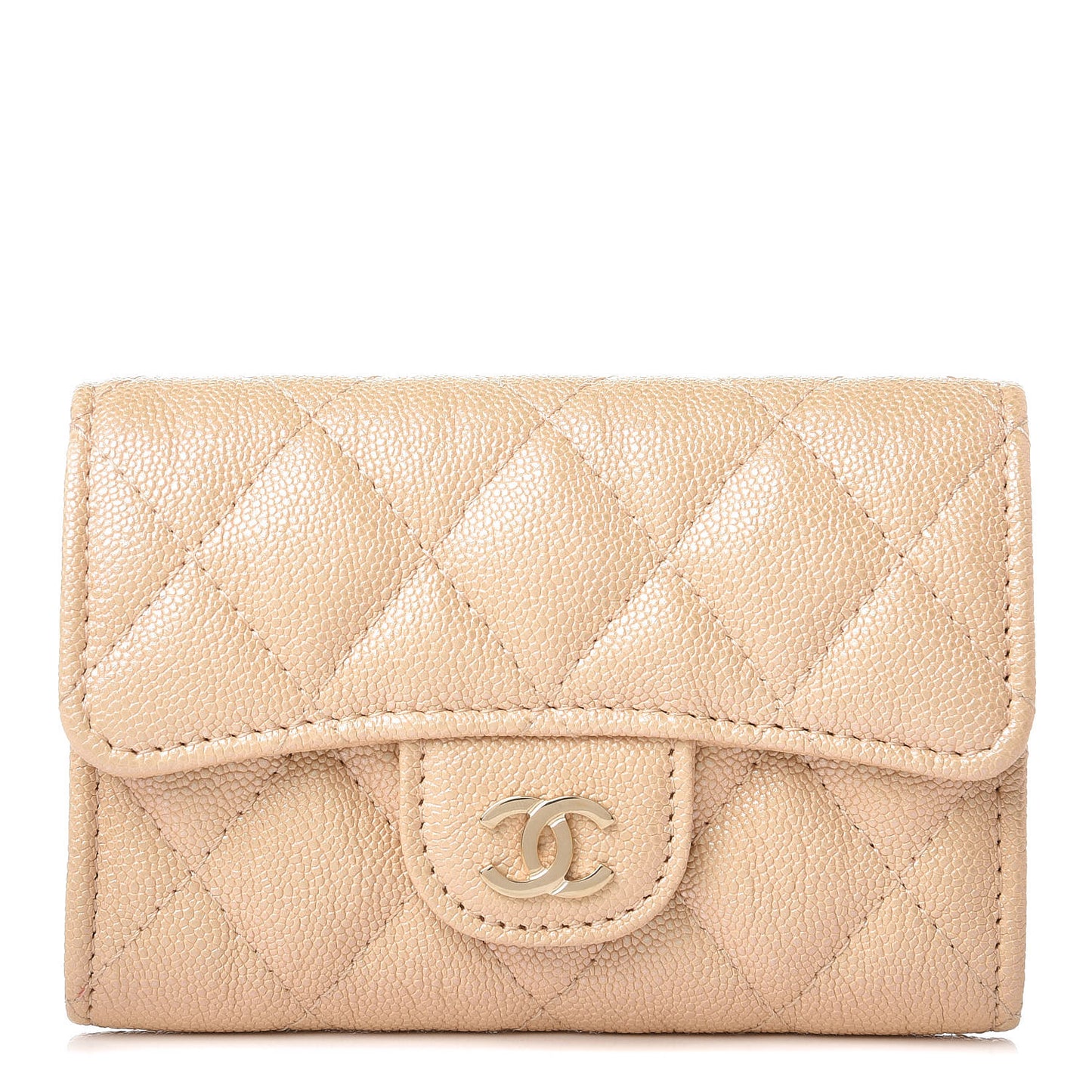 Iridescent Caviar Quilted Flap Card Holder Beige