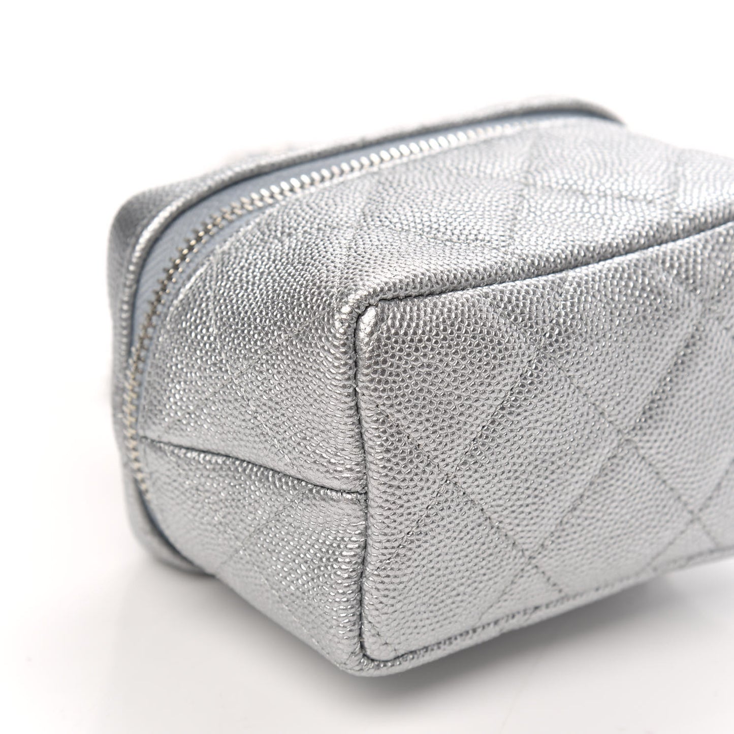 Metallic Caviar Quilted Mini Top Handle Vanity With Chain Silver