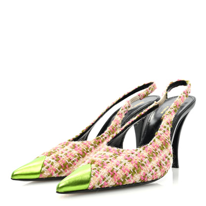 Saint Laurent Tweed Cap Toe Vesper Slingback Pumps 38 Absynth Rose 3 of 7