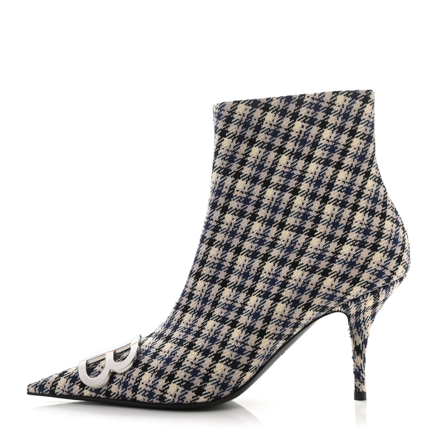 Wool Check BB Pointy Toe Ankle Booties 40 Beige Navy Silver
