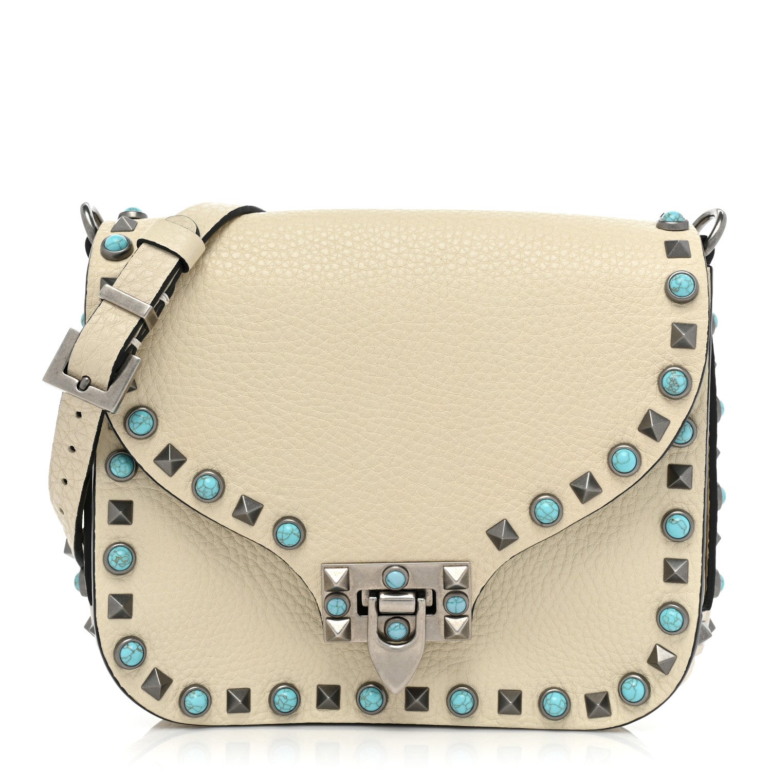 Valentino Garavani Grained Calfskin Turquoise Rockstud Rolling Flip Lock Crossbody Bag Light Ivory 1 of 14