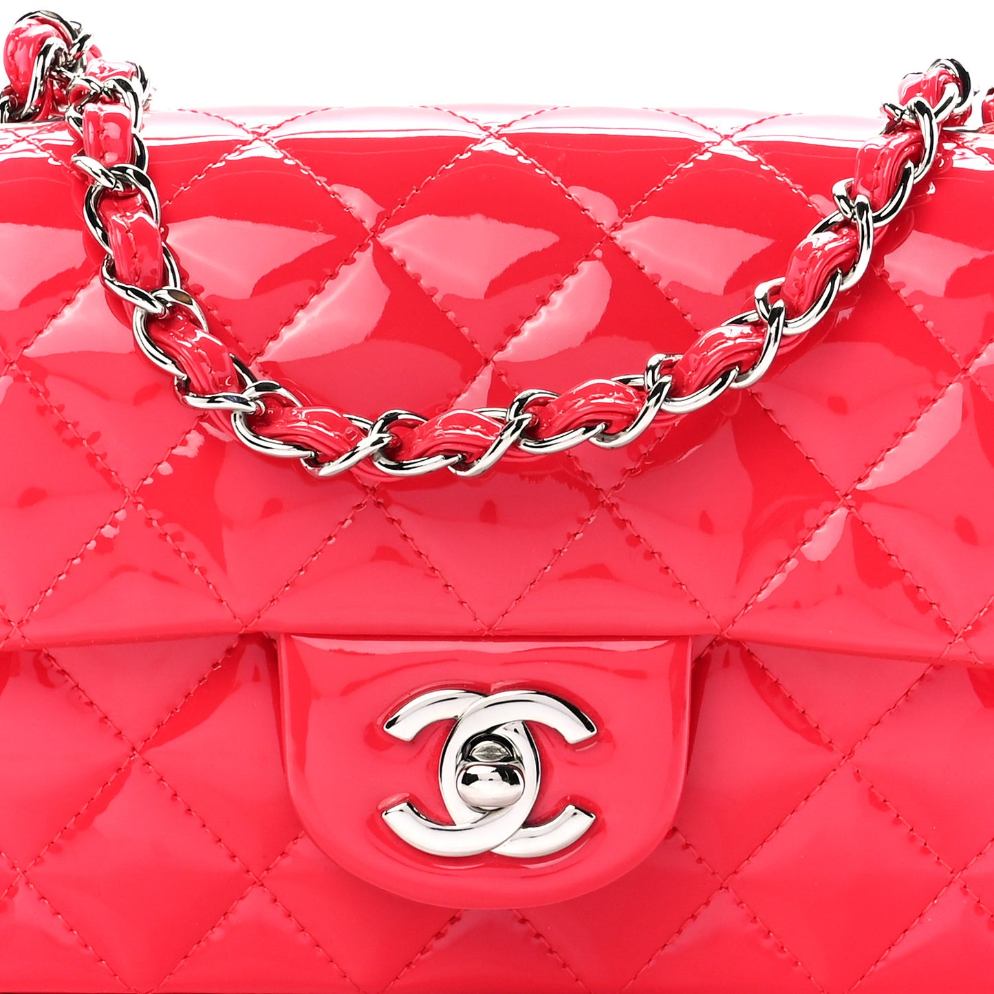 Patent Calfskin Quilted Mini Rectangular Flap Coral