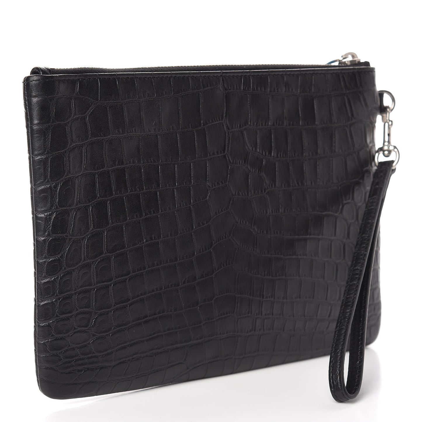 Calfskin Crocodile Embossed Monogram Zip Pouch Black