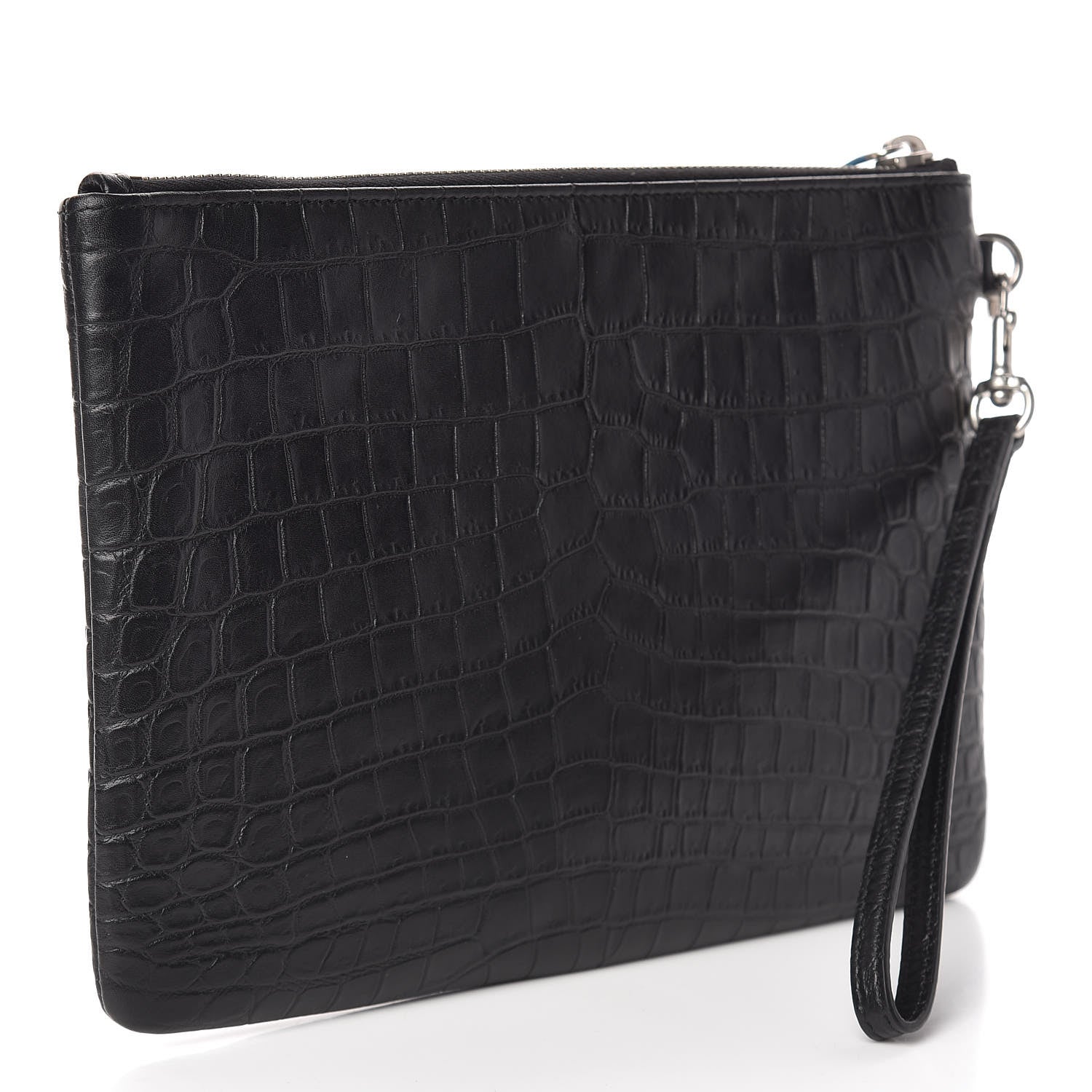 Saint Laurent Calfskin Crocodile Embossed Monogram Zip Pouch Black 3 of 8