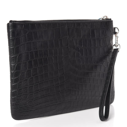 Saint Laurent Calfskin Crocodile Embossed Monogram Zip Pouch Black 3 of 8