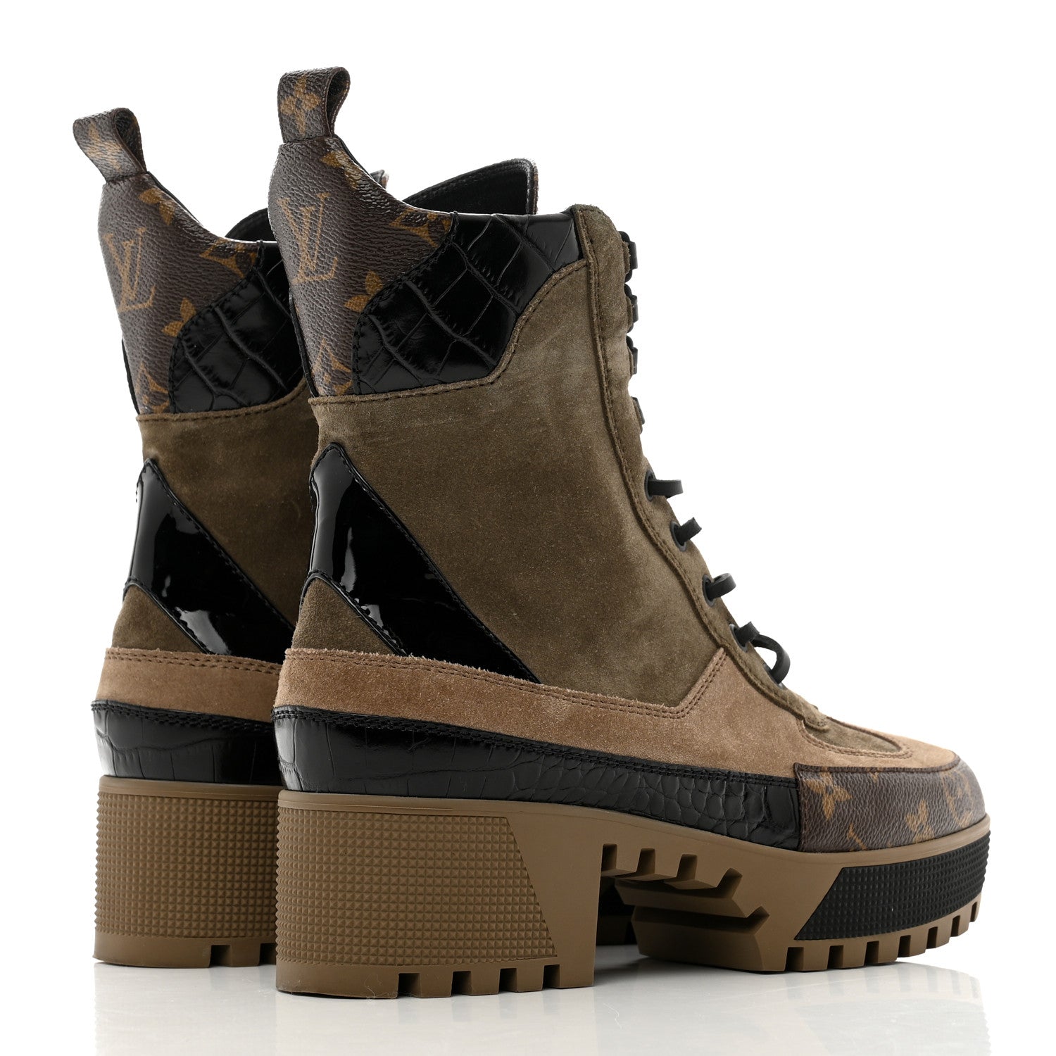 Louis Vuitton Suede Calfskin Crocodile Embossed Patent Monogram Laureate Platform Desert Boots 38 Taupe 4 of 8