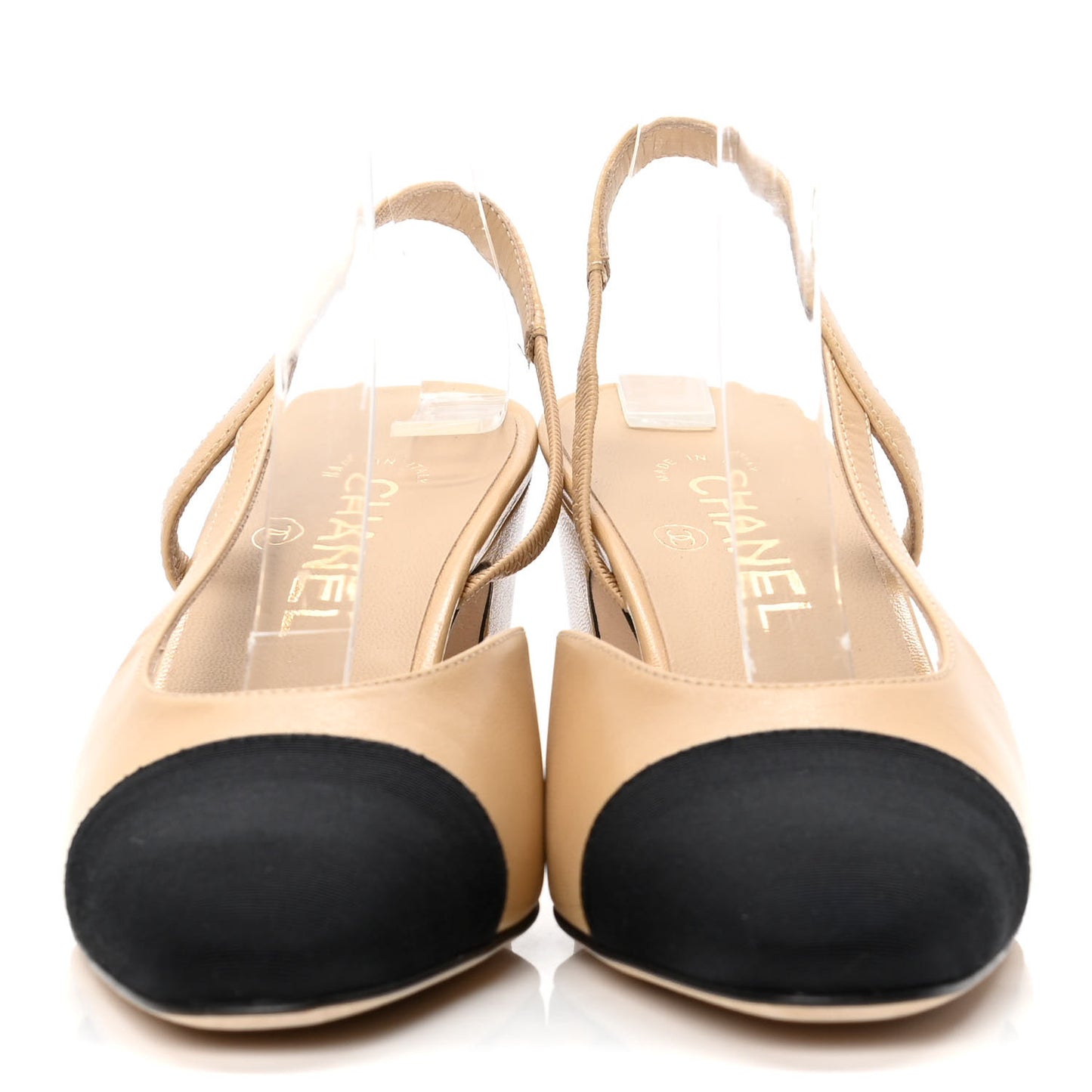 Goatskin Grosgrain Cap Toe CC Slingback Pumps 37.5 Beige Black