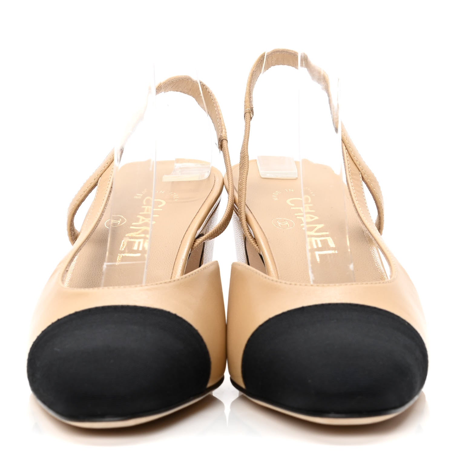 Chanel Goatskin Grosgrain Cap Toe CC Slingback Pumps 37.5 Beige Black 2 of 10