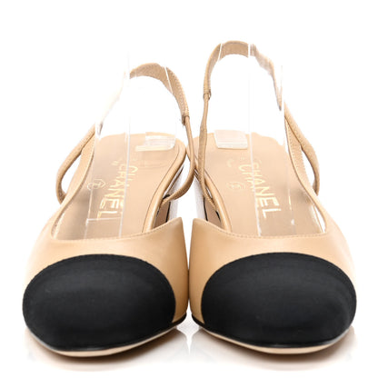 Chanel Goatskin Grosgrain Cap Toe CC Slingback Pumps 37.5 Beige Black 2 of 10