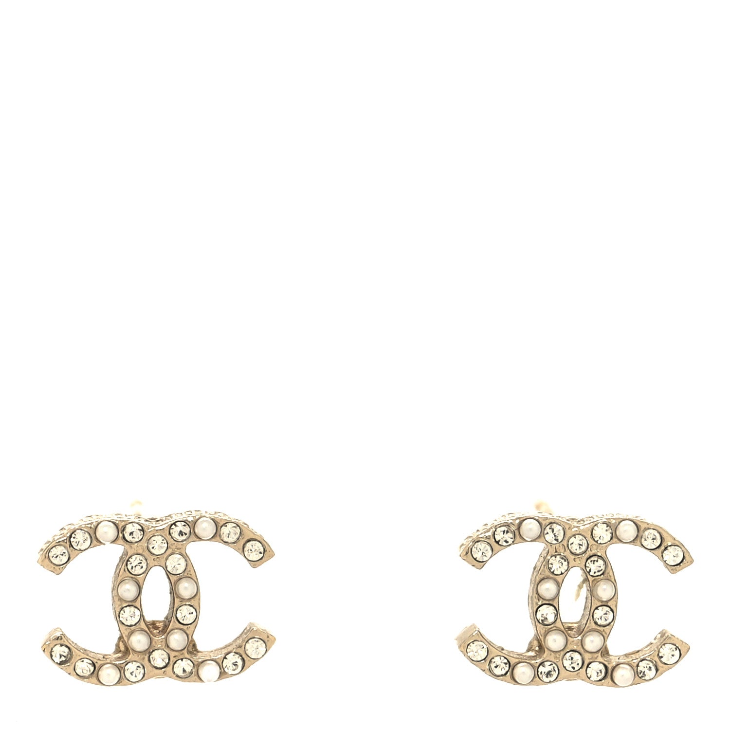 Chanel Pearl Crystal CC Charms Stud Earrings Light Gold 1 of 4