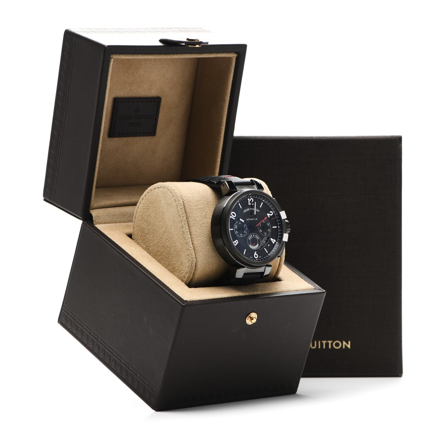 Louis Vuitton Stainless Steel Calfskin 45mm Tambour Chronograph GMT Automatic Watch Black 5 of 5