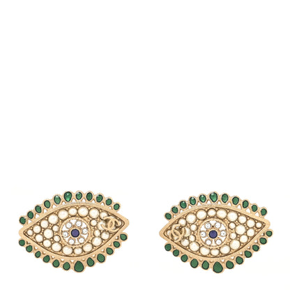 Chanel Pearl Crystal Eye Earrings Gold White Green 1 of 4