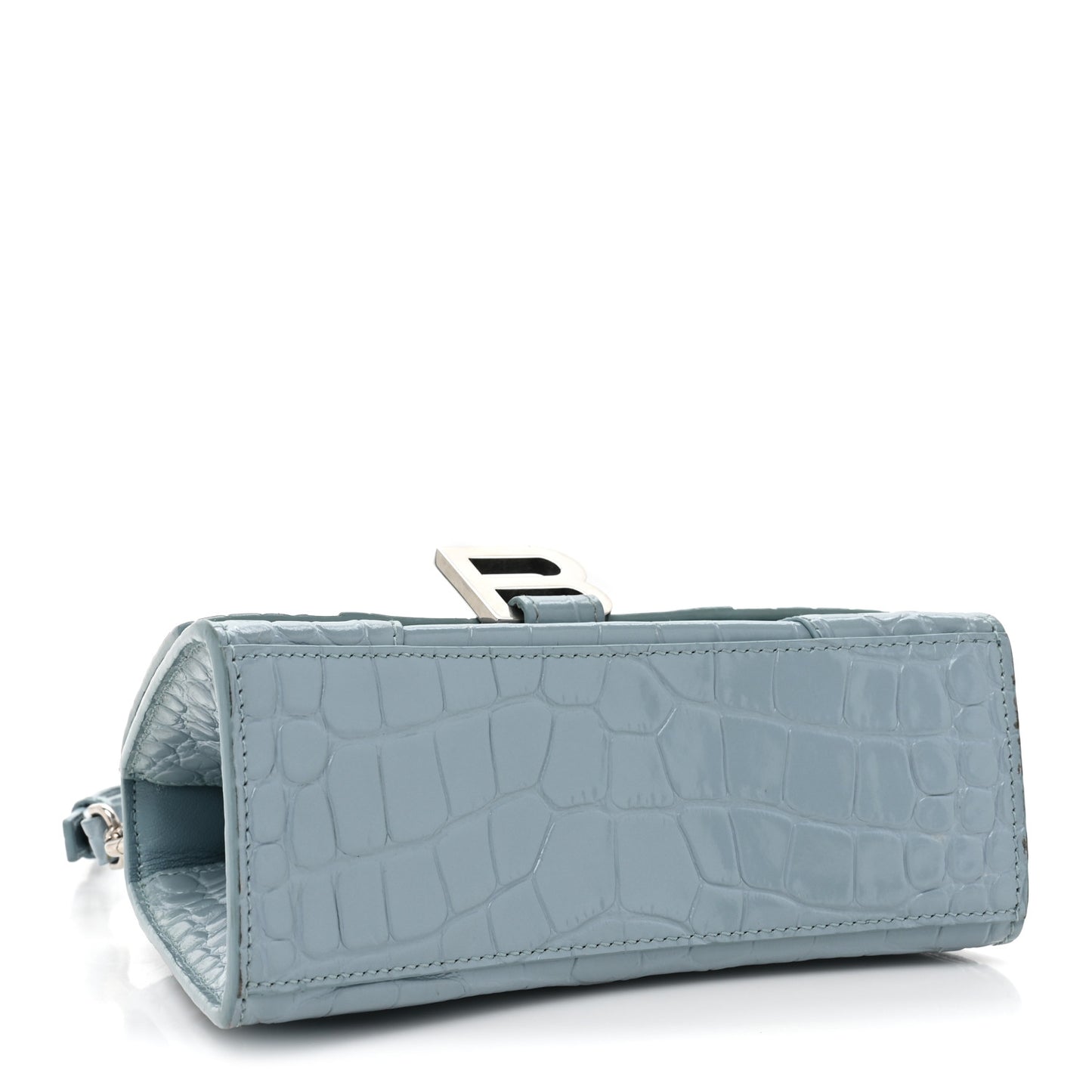 Shiny Calfskin Crocodile Embossed Hourglass Top Handle Bag XS Blue Grey