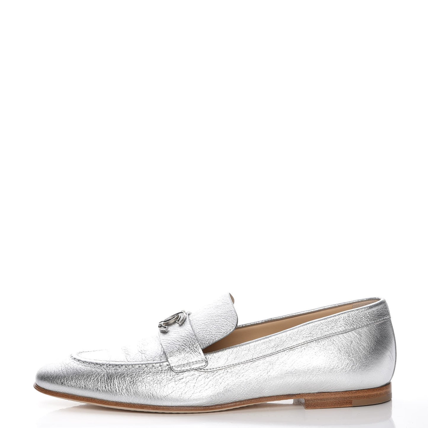 Crackled Goatskin Laminated CC Loafers 39 Silver