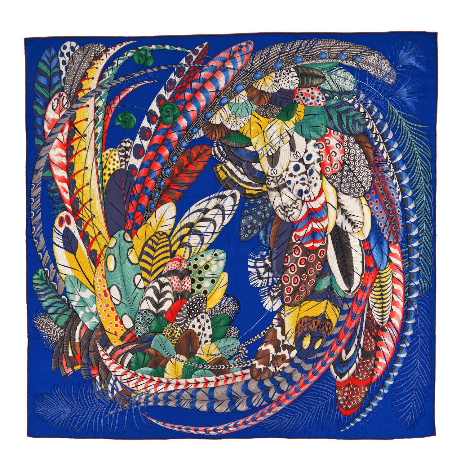 Hermes Cashmere Silk Plumes En Fete Shawl 140 Bleu Roy Jaune Rouge 1 of 3