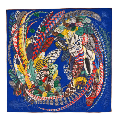 Hermes Cashmere Silk Plumes En Fete Shawl 140 Bleu Roy Jaune Rouge 1 of 3