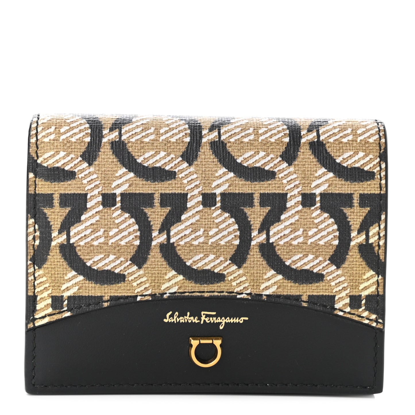 Canvas Calfskin Gancini Card Holder Wallet Black Beige