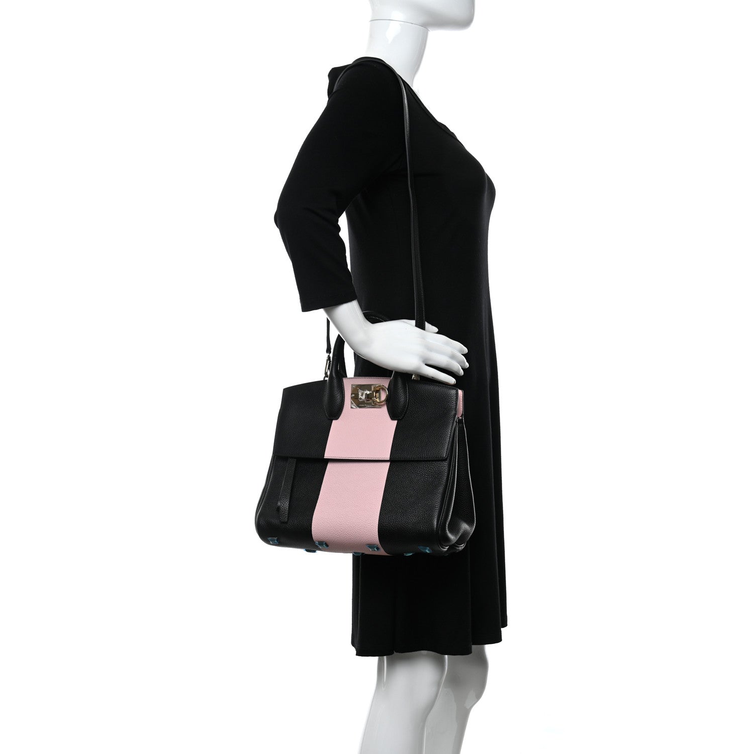 Salvatore Ferragamo Calfskin Studio Top Handle Bag Black Pink 2 of 10