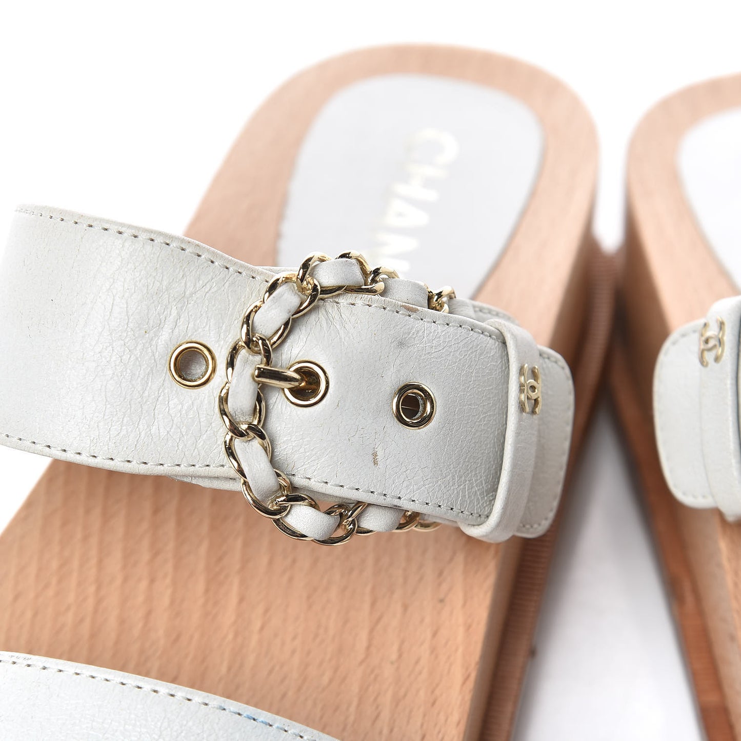 Calfskin Wood Buckle Sandals 40 White