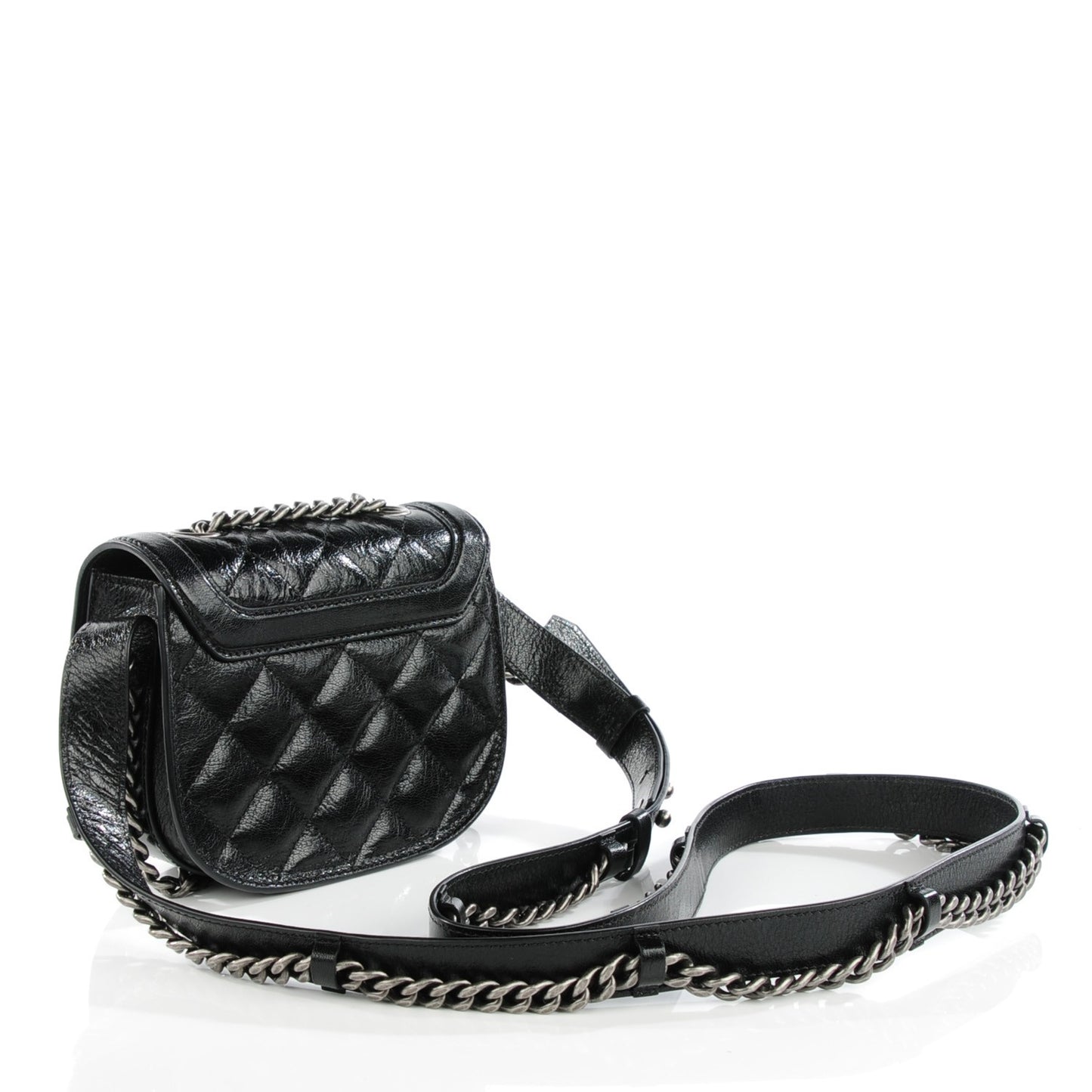 Shiny Goatskin Quilted Small Double Chained Messenger Flap Black