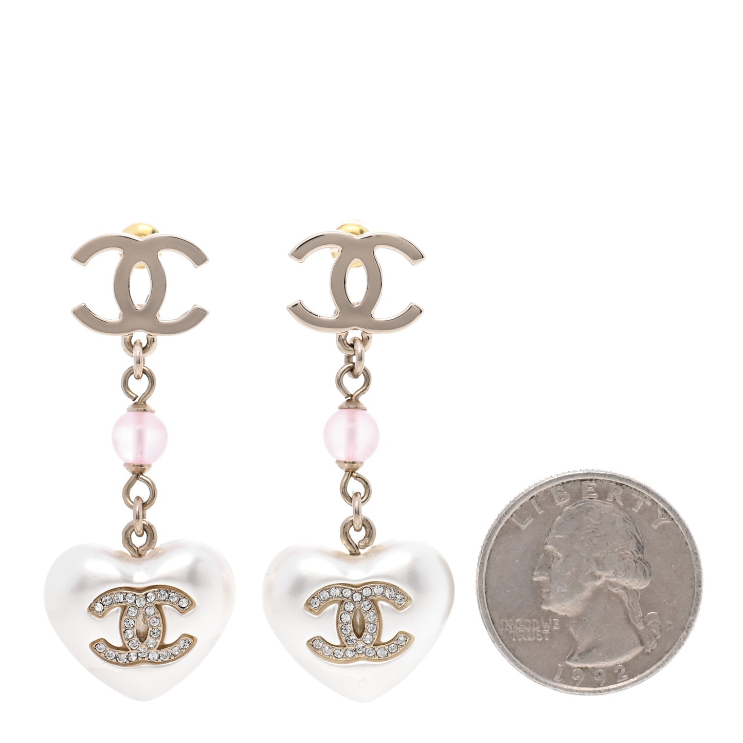 Metal Pearl Crystal Bead CC Heart Drop Earrings Pink Gold