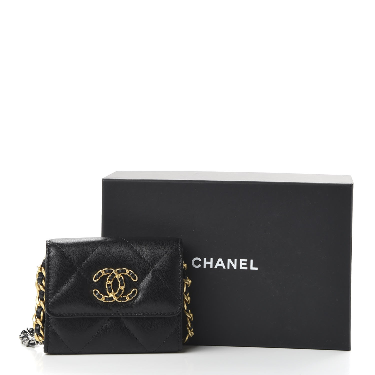 Chanel Shiny Goatskin Quilted 19 Flap Coin Purse With Chain Black 11 of 11