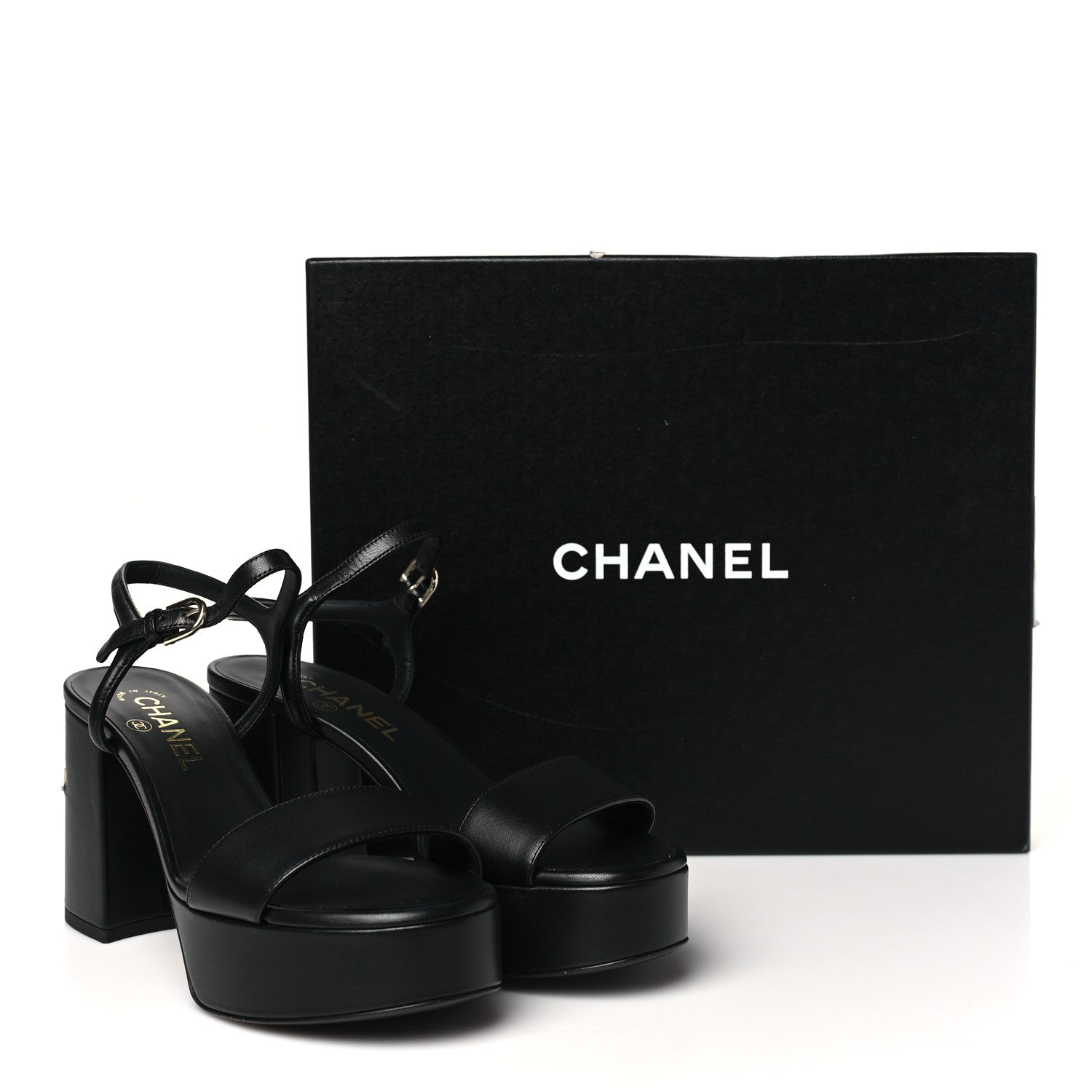 Chanel Lambskin Logo Platform Sandals 37.5 Black 10 of 10