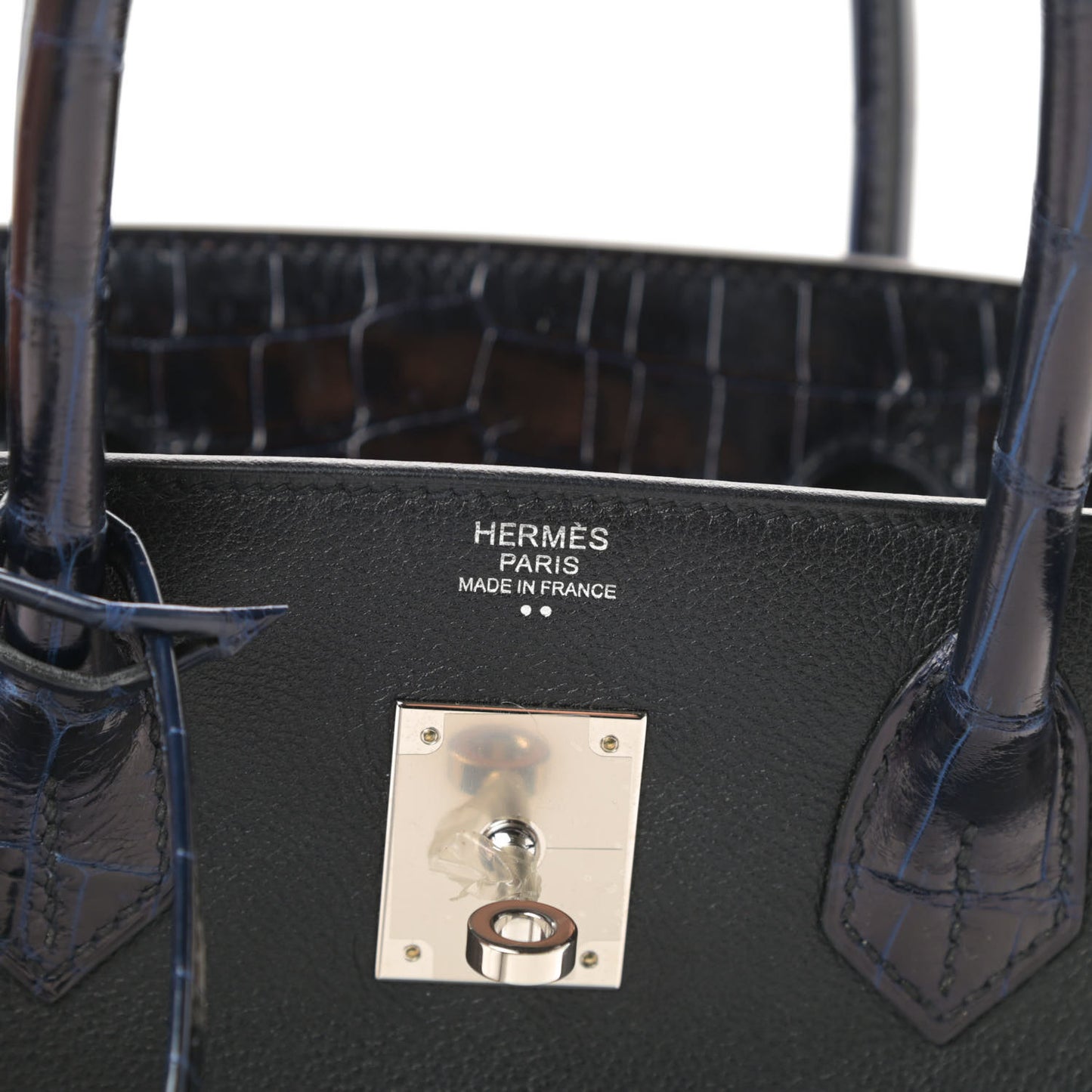 Taurillon Novillo Shiny Niloticus Crocodile Birkin Touch 30 Black Bleu Marine