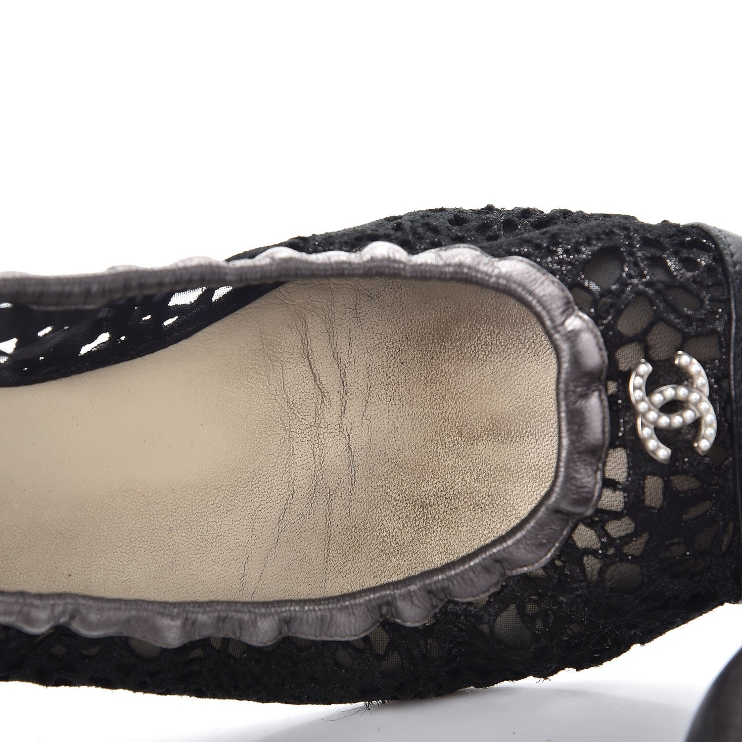 Chanel Metallic Calfskin Lace Pearl CC Cap Toe Elastic Ballerina Flats 37.5 Black 13 of 15