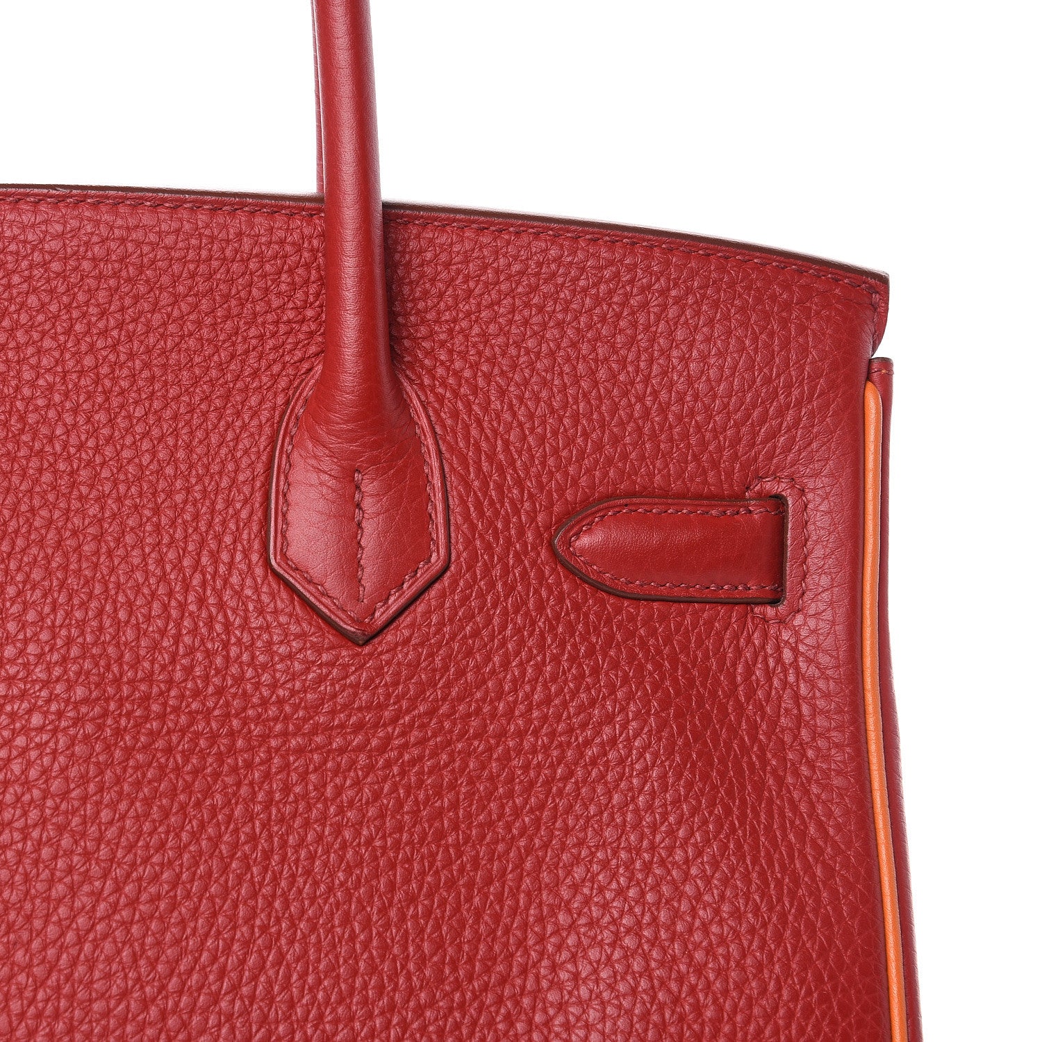Hermes Taurillon Clemence Horseshoe Bi-Color Birkin 30 Rouge Garance and Orange 26 of 28
