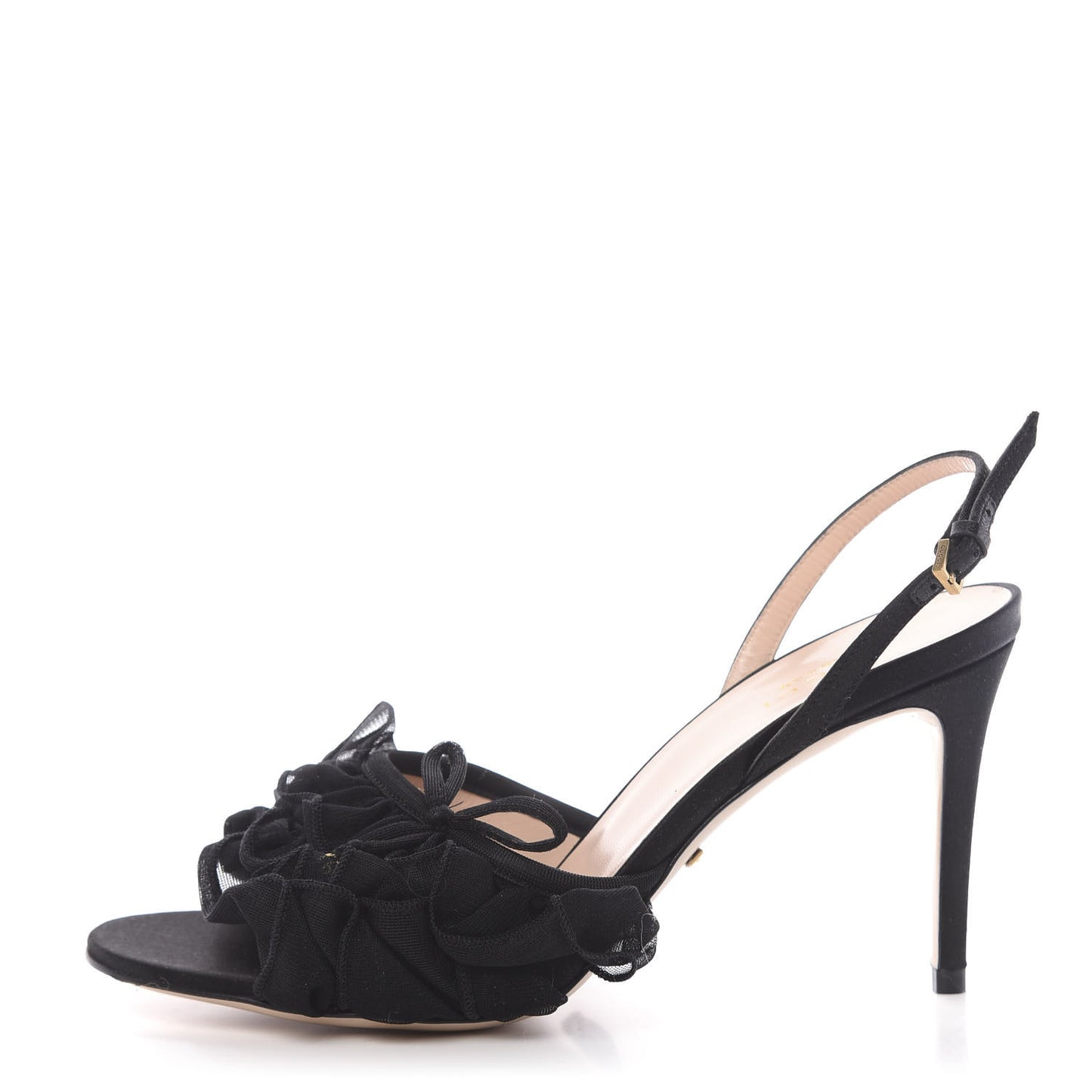 Tulle Ruffle Mid Heel Slingback Sandals 37 Black