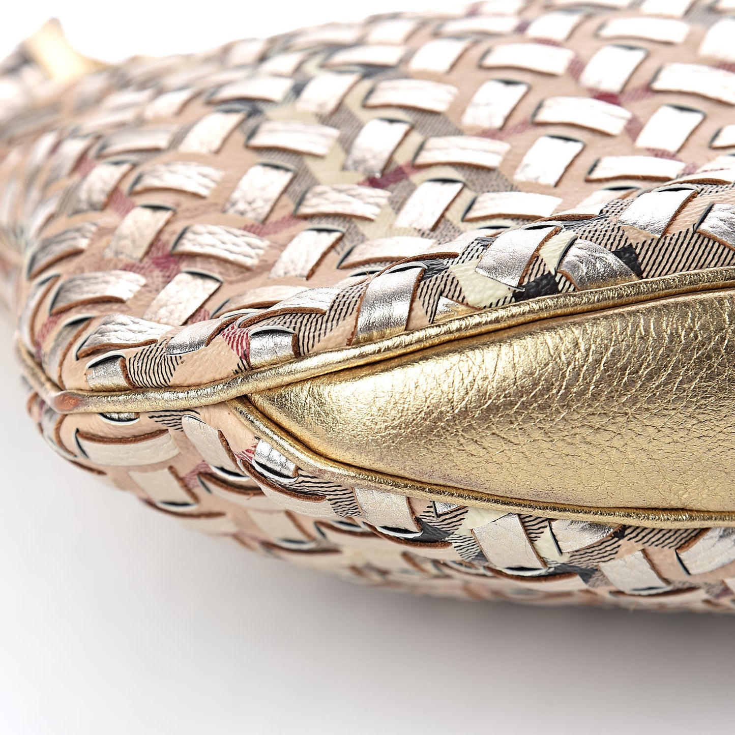 Metallic Calfskin House Check Woven Brook Hobo Gold