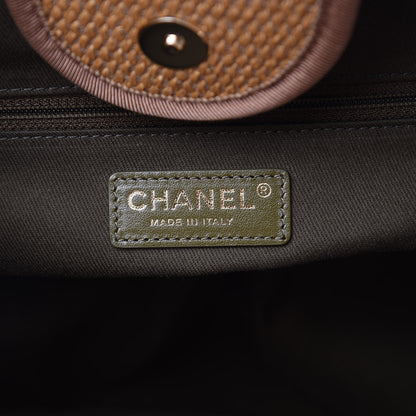 Chanel Straw Raffia Calfskin Striped Large Deauville Tote Khaki Beige Navy Blue 6 of 10