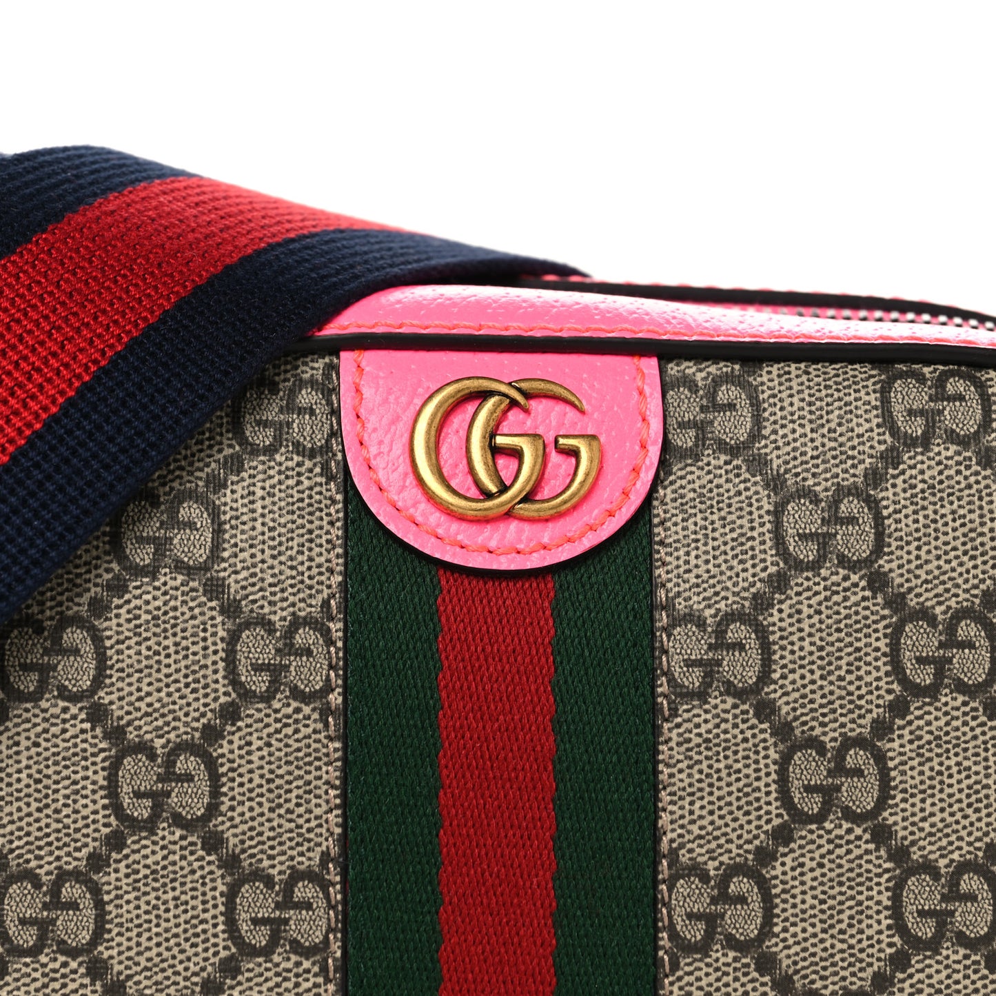 GG Supreme Monogram Textured Dollar Calfskin Web Ophidia Small Crossbody Bag Beige Ebony Fuchsia