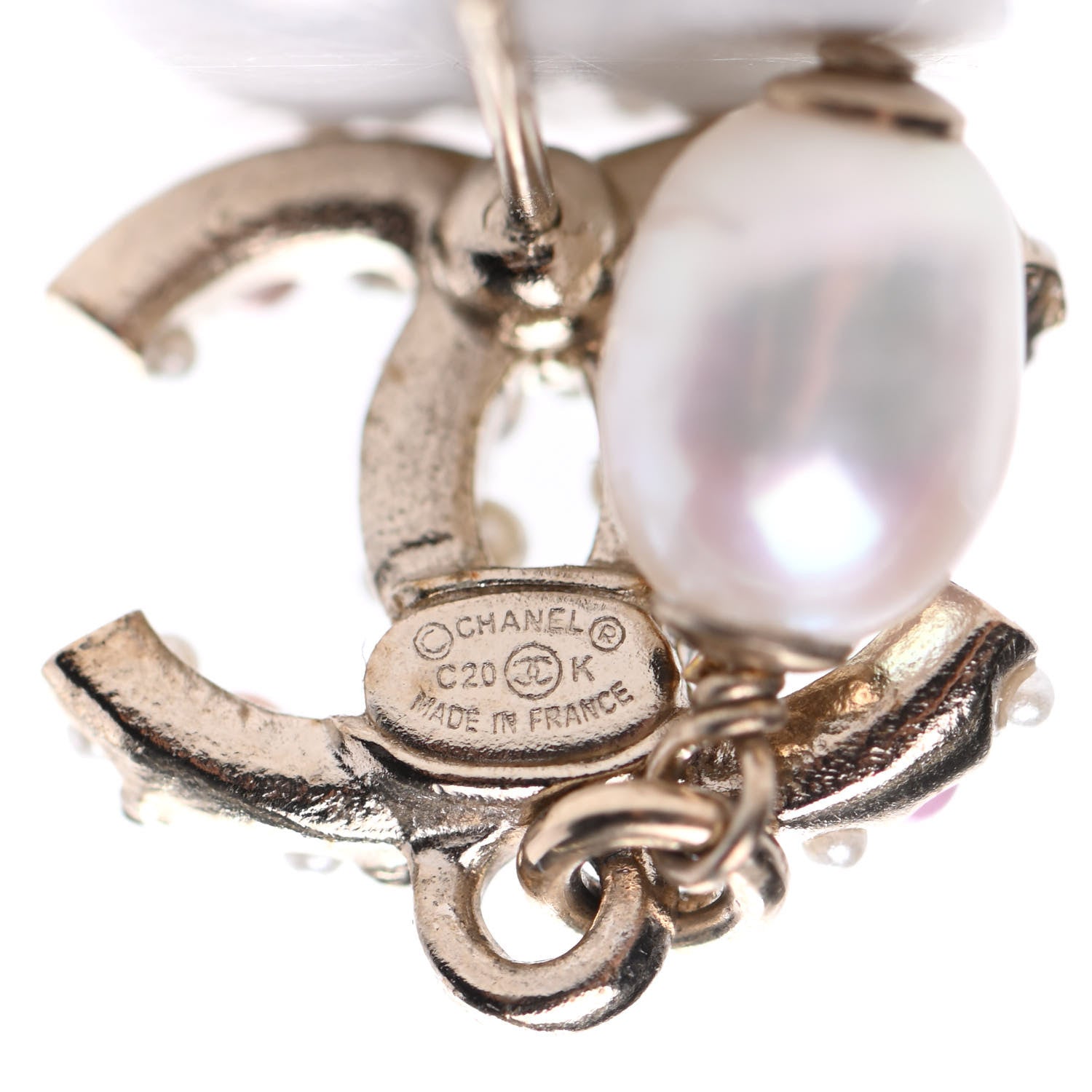 Chanel Pearl Crystal CC Charm Drop Earrings Light Gold Pink 4 of 5