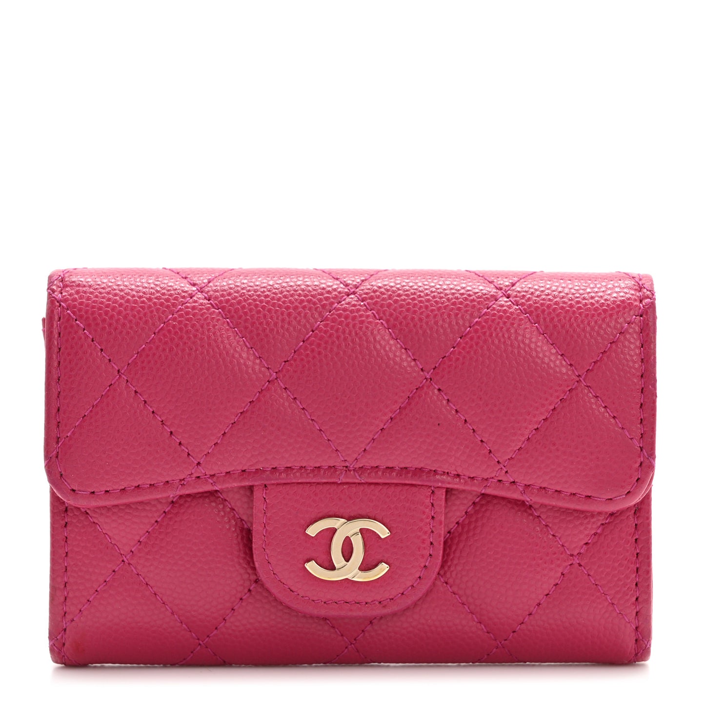 Caviar Quilted Flap Card Holder Wallet Dark Pink