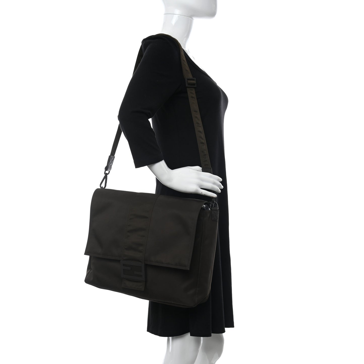 Econyl Nylon Cuoio Romano Monochrome Large Baguette Messenger Bag Ebano