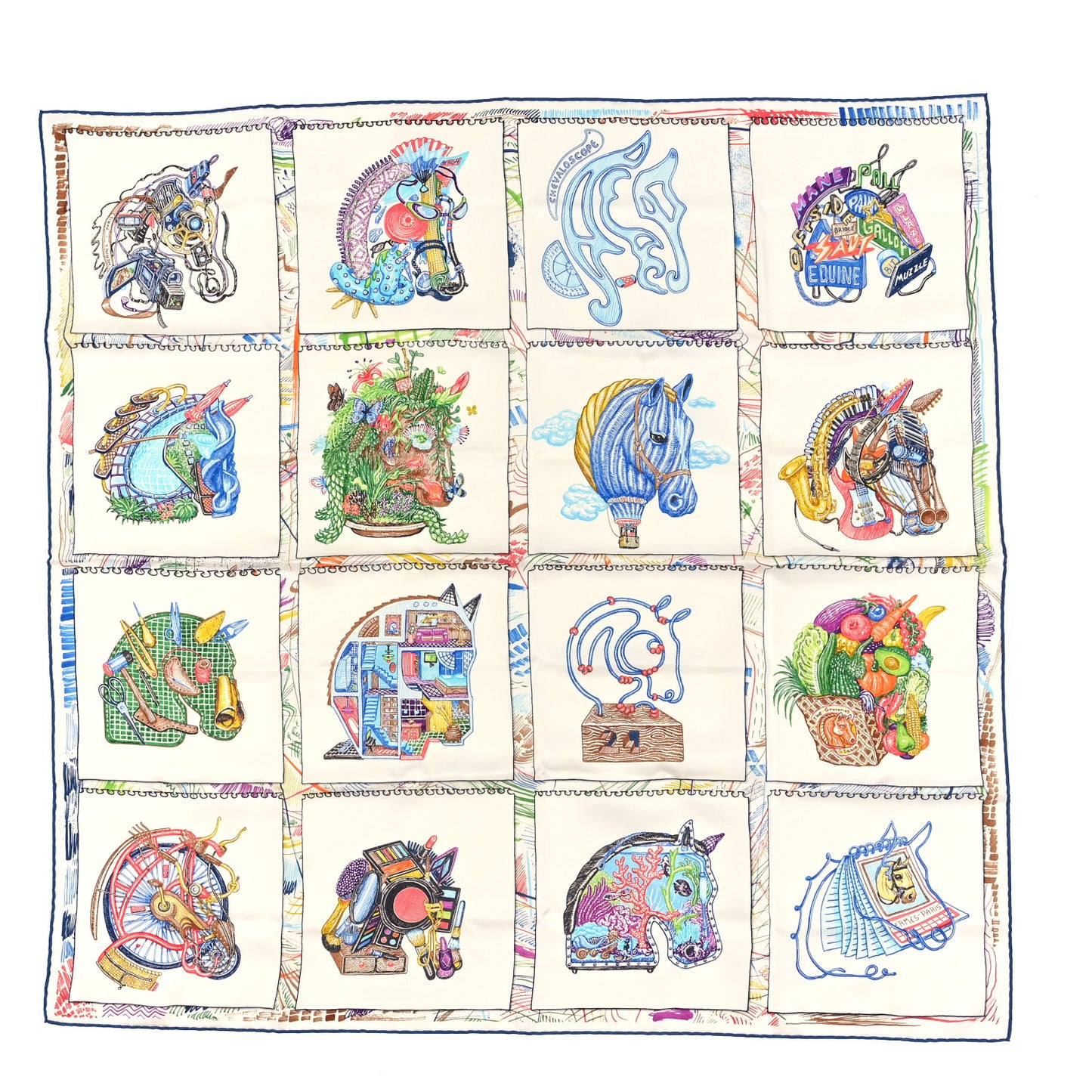 Silk Chevaloscope Scarf 90 White Bleu Multicolor