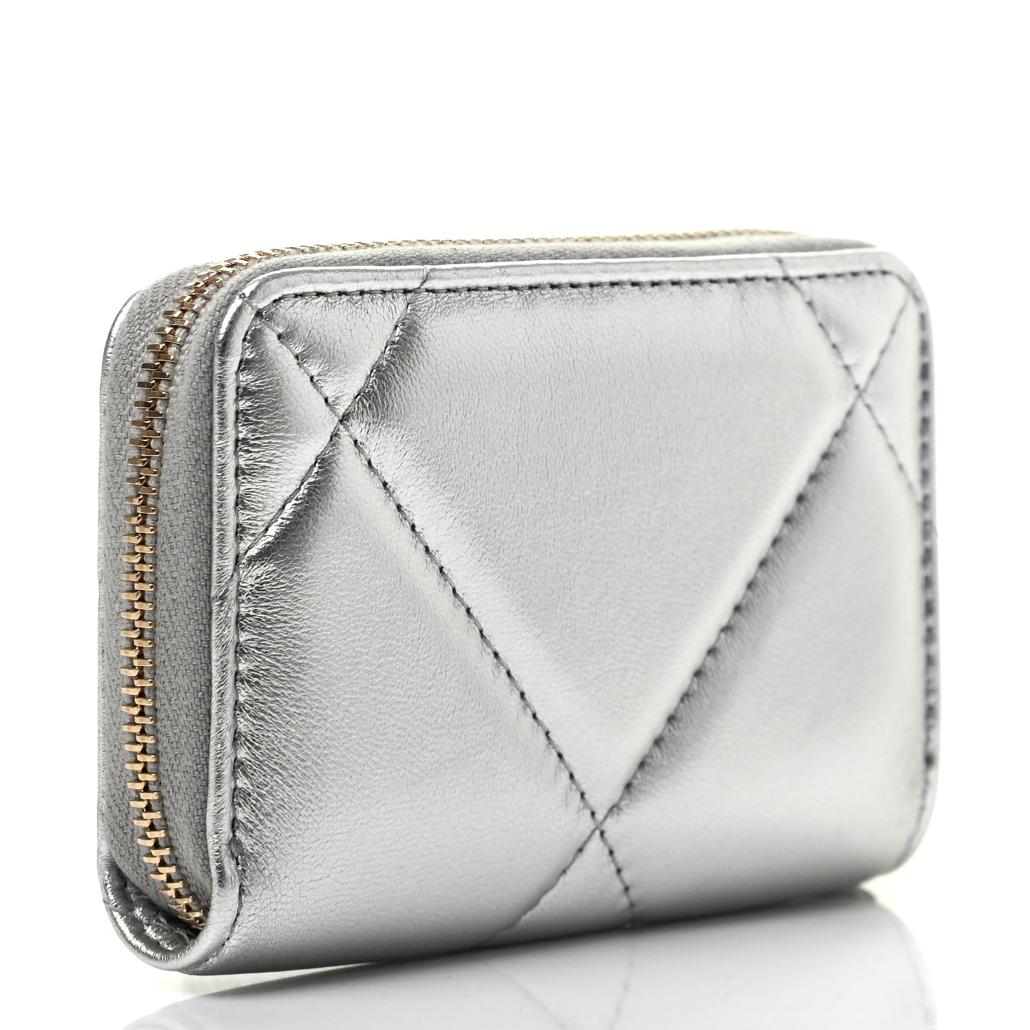 Metallic Goatskin Quilted Chanel 19 Zip Around Coin Purse Wallet Silver