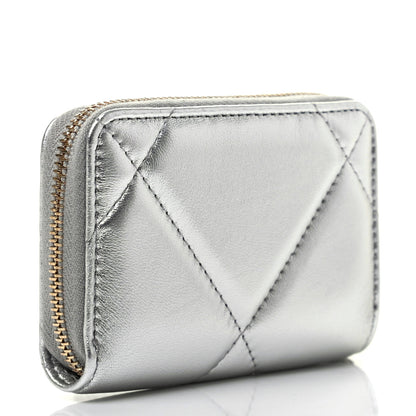 Chanel Metallic Goatskin Quilted Chanel 19 Zip Around Coin Purse Wallet Silver 3 of 8